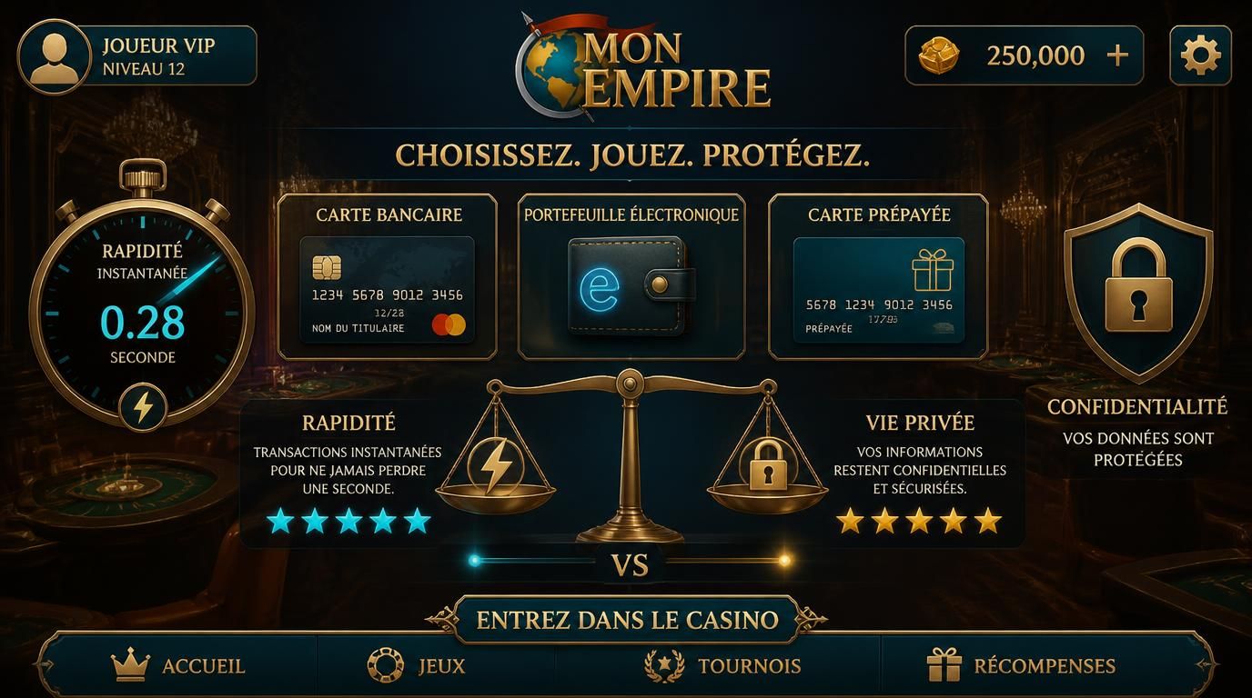 Interface casino avec cartes et cadenas illustrant la rapidité et la confidentialité des dépôts