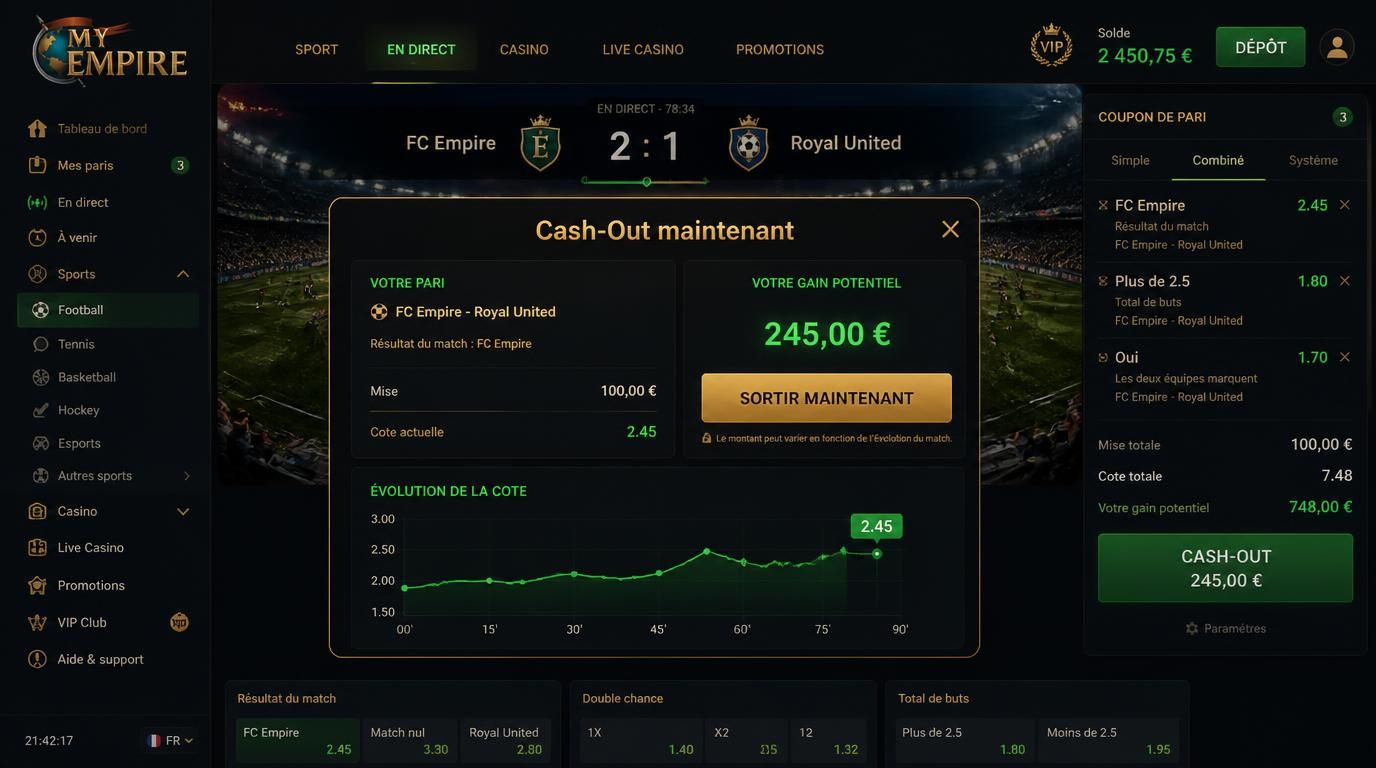 Écran d’option Cash-Out actif sur le site MyEmpire Casino 