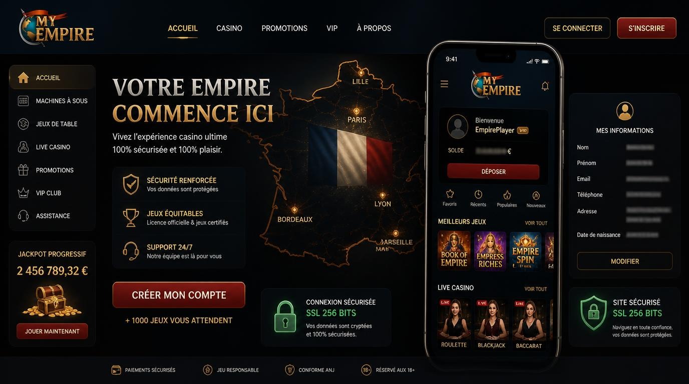 interface d’un casino sur mobile avec carte de France, cadenas SSL, protection de données.