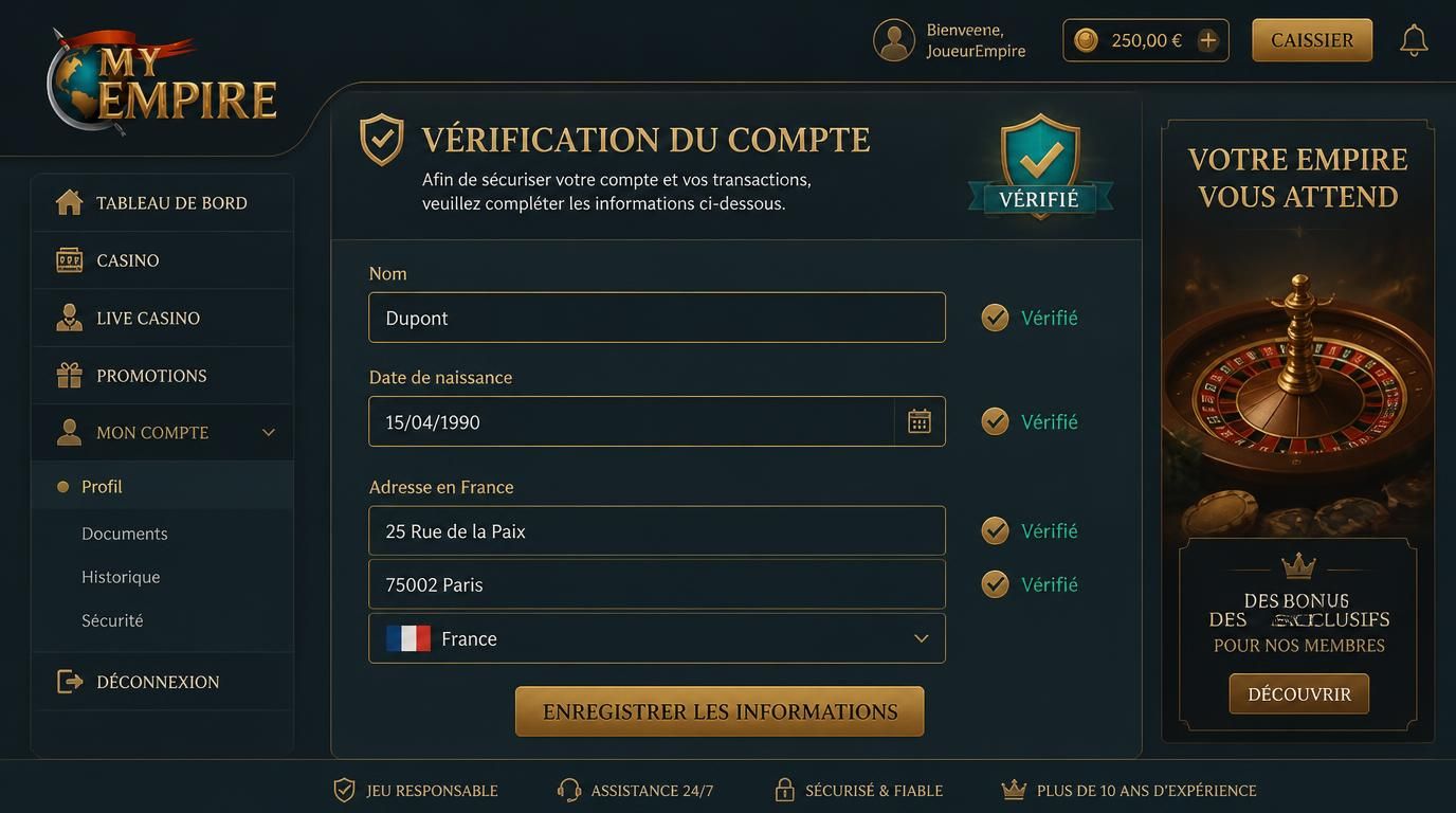 Formulaire d’inscription avec informations personnelles et vérification KYC.