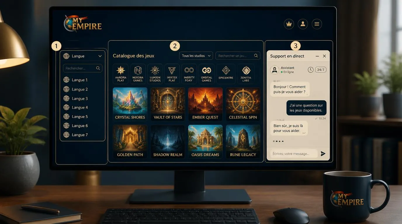 Interface de casino avec sélection de langues, catalogue de fournisseurs et chat disponible 24 heures sur 24
