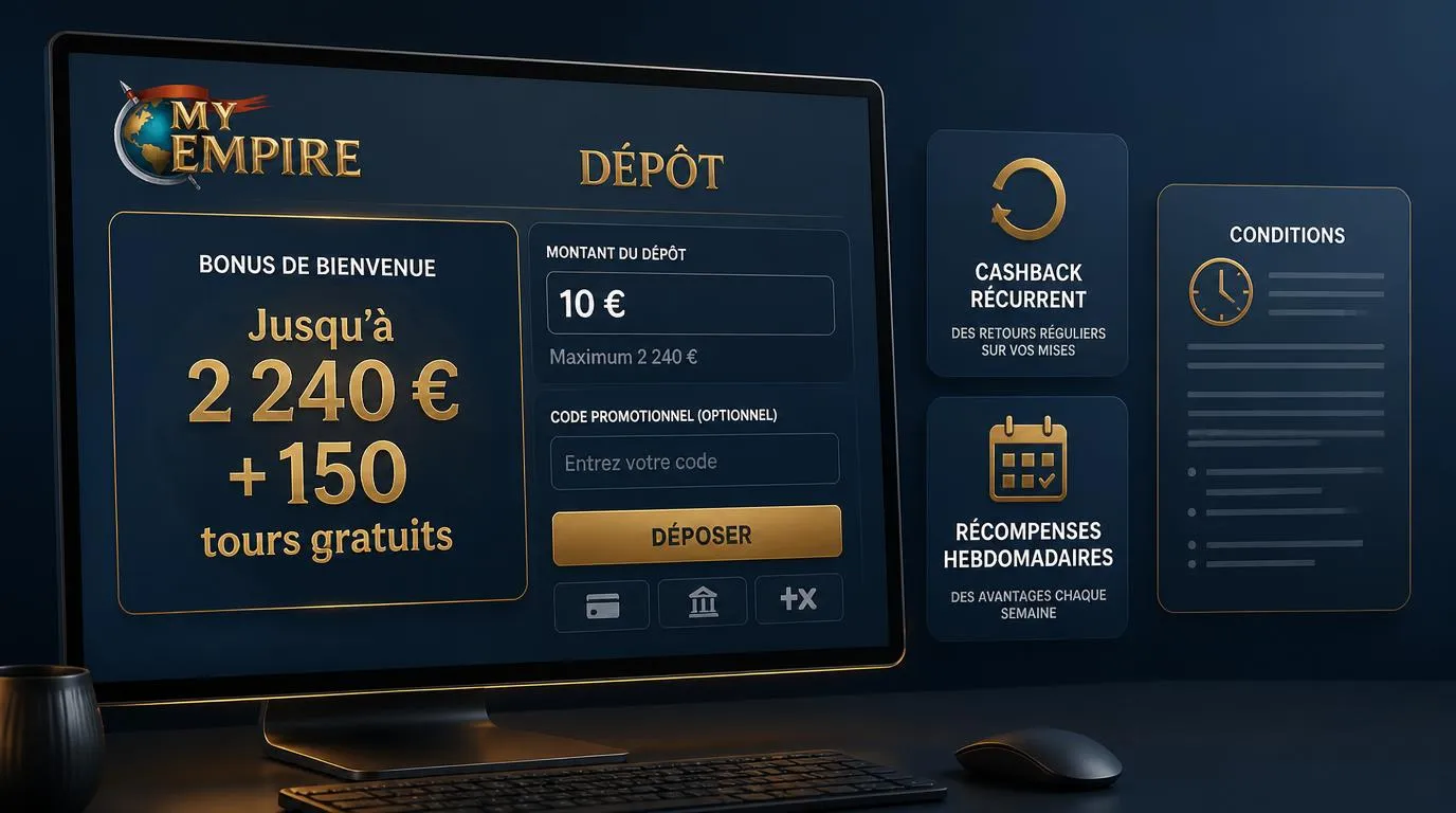 Interface de dĂ©pĂŽt avec minimum de 10 âŹ, offre de bienvenue et accĂšs aux conditions du bonus