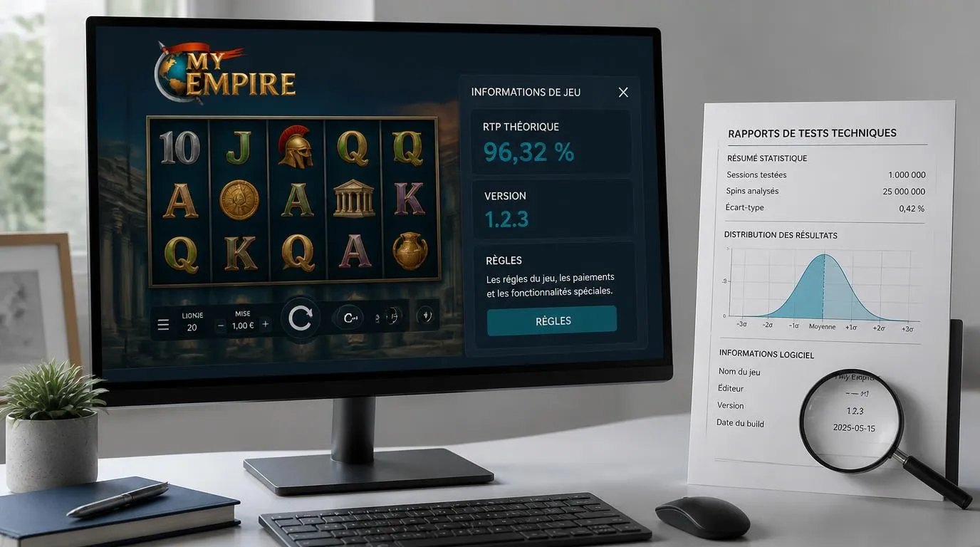 Interface de jeu avec rÚgles, taux de retour théorique et fiche de contrÎle du générateur aléatoire