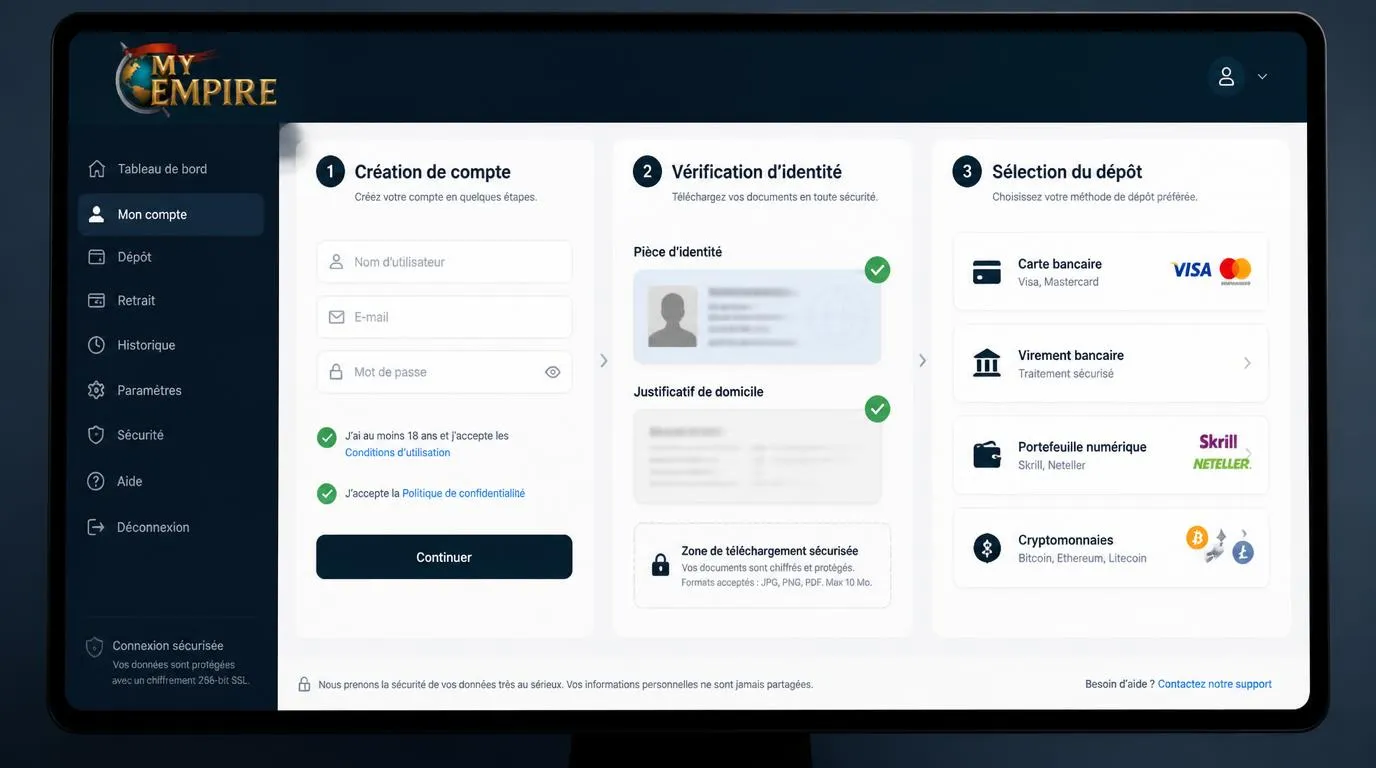 Interface de compte avec vĂ©rification dâidentitĂ© validĂ©e et sĂ©lection dâun moyen de dĂ©pĂŽt