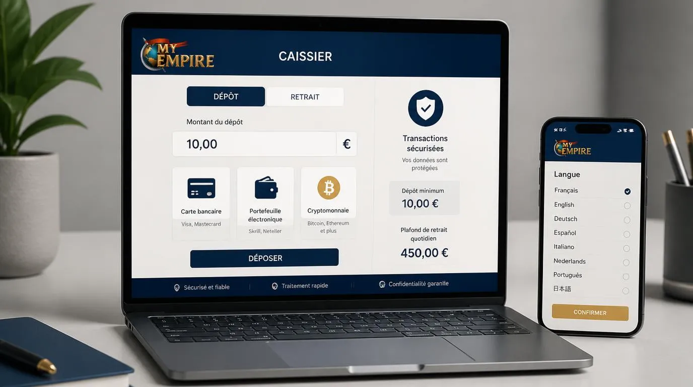Interface de caisse en français avec dépÎt en euros, cartes, portefeuille électronique et paiement crypto
