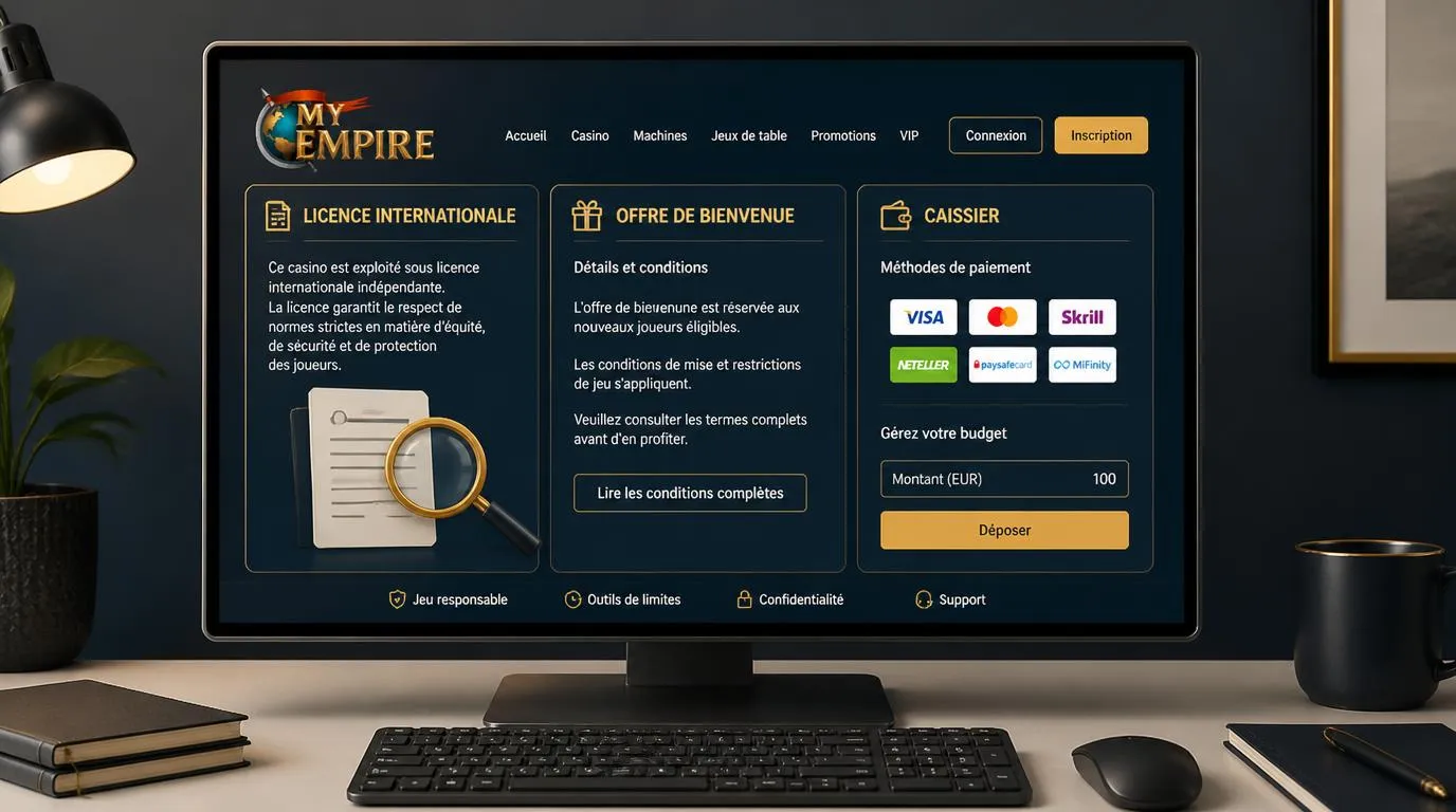 Ăcran de casino avec document de licence internationale et panneau de caisse Ă consulter